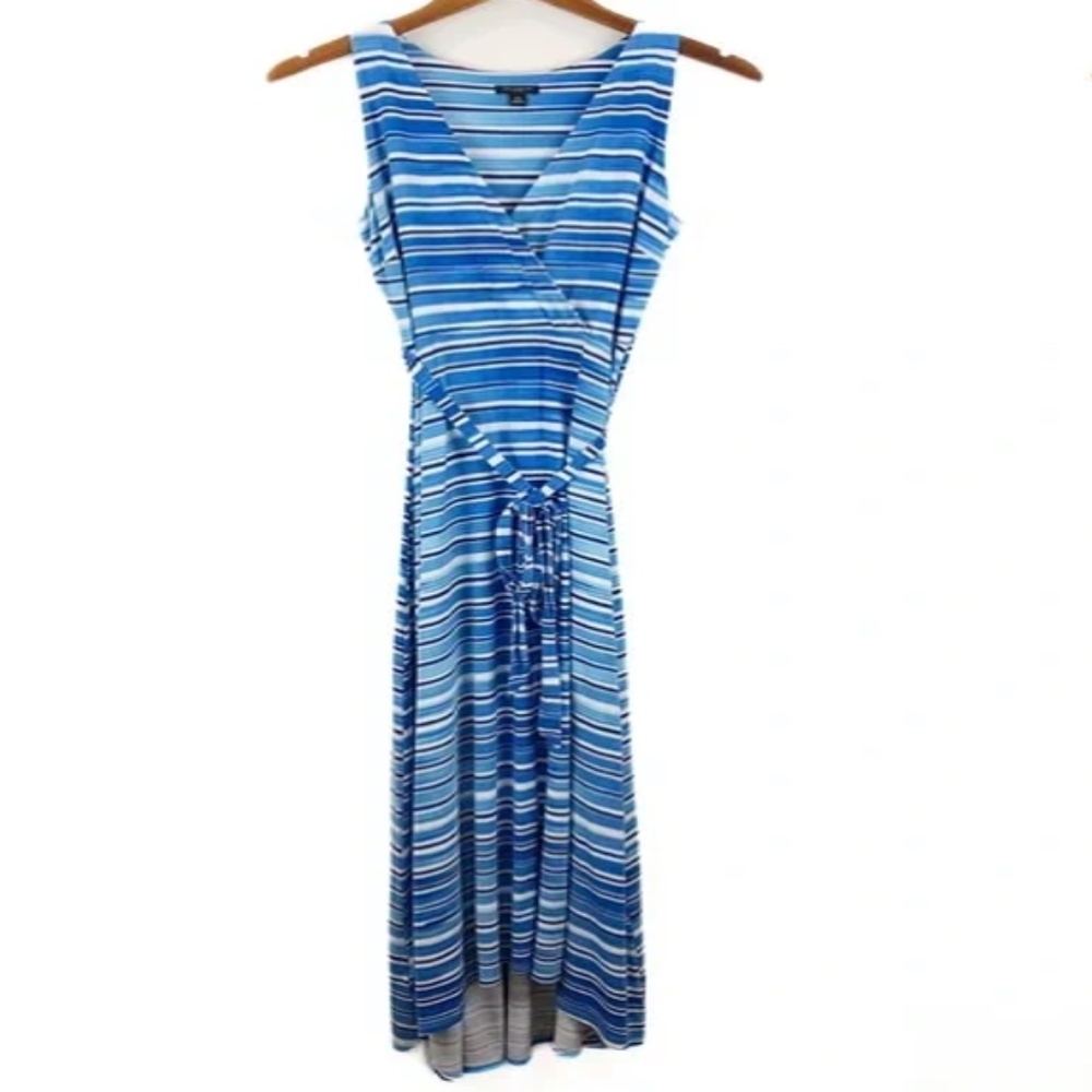 Ann Taylor Aquatic Stripe Crossover Maxi Dress Stretch Galley Blue, Size L